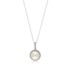 LE REVE GOLD 10Kt 18" Diamond Halo Pearl Necklace In White