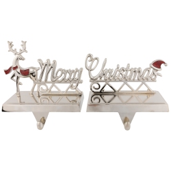 NORTHLIGHT Set Of 2 Reindeer Merry Christmas Metal Stocking Holders 5.5" In Silver