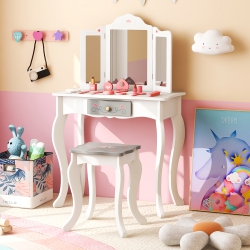 GYMAX Kids Vanity Set Makeup Table & Chair Tri-Folding Mirror Sweet Accessories