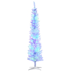 HOMCOM 7Ft Tall Prelit Artificial Slim Christmas Tree Xmas Tree With Colourful Surface Branches, Colourful Led Lights In White