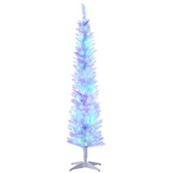 HOMCOM 6Ft Tall Prelit Artificial Slim Christmas Tree Xmas Tree With Colourful Surface Branches, Colourful Led Lights In White