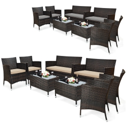 COSTWAY 8PCs Rattan Patio Furniture Set Cushioned Sofa Chair Coffee Table