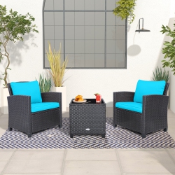 COSTWAY 3PCs Patio Wicker Furniture Set With &turquoise Cushion Covers Balcony In Beige