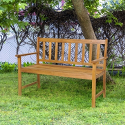 COSTWAY Patio Acacia Wood Bench 2-Person Slatted Seat Backrest 800 Lbs Outdoor Natural