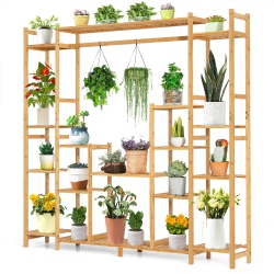 COSTWAY 9-Tier Bamboo Plant Stand Potted Holder W/hanging Rack Tall Display Shelf Unit