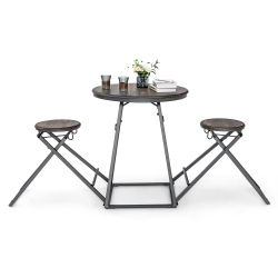 COSTWAY 3-Piece Bar Table Set Round Pub Dining Table & 2 Foldable Stools W/ Metal Frame