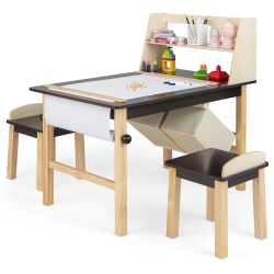 COSTWAY Kids Art Table & Chairs Set Wooden Drawing Desk With Paper Roll Storage Shelf Bins