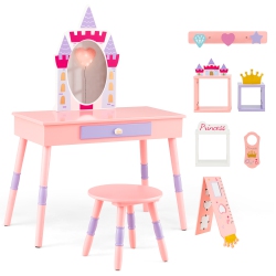 COSTWAY Kids Vanity Set Princess Makeup Pretend Play Dressing Mirror Castle Girls In Pink