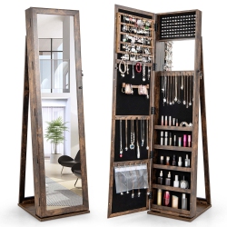 COSTWAY Mirrored Jewelry Cabinet Armoire Lockable Standing Storage Organizer With Shelf