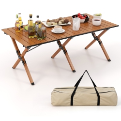 COSTWAY Folding Aluminum Camping Table With Carry Bag Roll-Up Picnic Table With Wood Grain