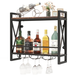 COSTWAY Wall Mounted Wine Rack With 2-Tier Shelves 3 Glass Holders Sturdy Metal Frame