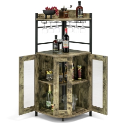 COSTWAY Corner Bar Cabinet Industrial Liquor Wine Cabinet With Glass Holder & Mesh Doors