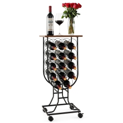 COSTWAY 14 Bottles Wine Rack Console Table Freestanding Wine Storage With Woodtop & Wheels