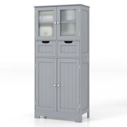 COSTWAY Bathroom Floor Storage Cabinet Kitchen Cupboard With 2 Drawers & Glass Doors In Grey