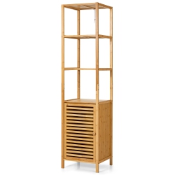 COSTWAY 4 Tiers Bamboo Bathroom Storage Floor Cabinet Tower Corner Rack W/ Louvered Door