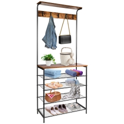 SORTWISE 5-Tier Shoe Storage Coat Rack With 5 Dual Hooks, Different Heights Garment Rack for Corner Bedroom Hallway And Living Room