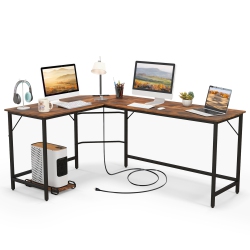 TOPBUY L-Shaped Desk With Power Outlet 66" Computer Corner Desk With Cpu Stand & Heavy-Duty Metal Frame Rustic Brown/black