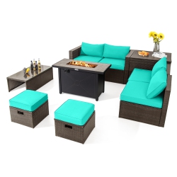 TOPBUY 9 Pieces Outdoor Patio Furniture Set \w 42" Propane Fire Pit Table Outdoor Pe Wicker Space-Saving Sectional Sofa Set