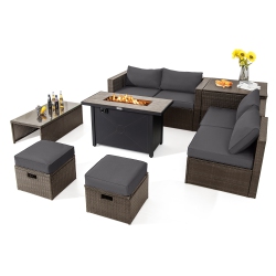 TOPBUY 9 Pieces Outdoor Patio Furniture Set \w 42" Propane Fire Pit Table Outdoor Pe Wicker Space-Saving Sectional Sofa Set