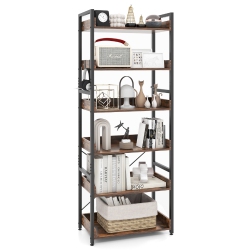 TOPBUY 6-Tier Bookshelf With 4 Hooks Industrial Storage Bookcase Tall Freestanding Display Shelf With Anti-Tipping Device