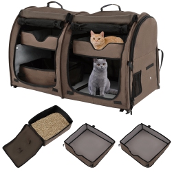 GYMAX Portable Pet Carrier Kennel Cat Dog Crate Twin Compartments W/ Mats Litter Box