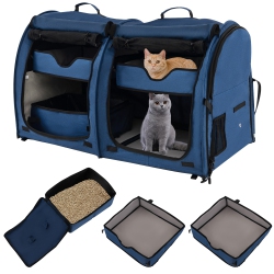 GYMAX Portable Pet Carrier Kennel Cat Dog Crate Twin Compartments W/ Mats Litter Box