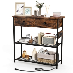 COSTWAY Entryway Table With Charging Station Narrow Console Table With 2 Drawers Brown/oak