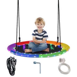 COSTWAY 40" Saucer Tree Swing 660 Lbs for Kids Adults Outdoor With Led Lights Rainbow Color/blue