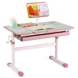 COSTWAY Height-Adjustable Kids Desk Children Study Table With Tilt Desktop & Book Stand Blue/pink