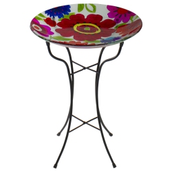 NORTHLIGHT 18" And Blue Summer Flowers Hand Painted Glass Outdoor Patio Birdbath In Red