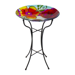 NORTHLIGHT 18" Multi-Colored Hand Painted Glass Floral Pattern Outdoor Patio Bird Bath