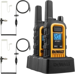 DEWALT 2 Walkie Talkies Plus Earpieces - Dxfrs800 2 Watt Heavy Duty Waterproof, Shock Resistant, Long Range Two-Way Radio Set \w Vox, 2 Radios And 2