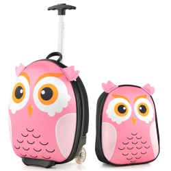 COSTWAY 2PCs Kids Carry On Luggage Set 16" Owl Rolling Suitcase With 12" Backpack Travel Pink/white/yellow