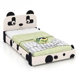 COSTWAY Twin Size Kids Bed Toddler Upholstered Low Profile Bed Frame With Panda Headboard