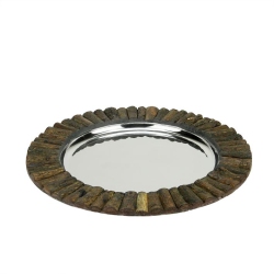 CC HOME FURNISHINGS 14" Handcrafted Decorative Round Rustic Charger Serving Tray With Wood Accents