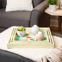 NORTHLIGHT Set Of 3 And White Birdhouse In Garden Square Serving Trays 16" In Yellow