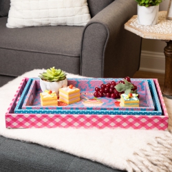 NORTHLIGHT Set Of 3 Pink And "patisserie" Rectangular Serving Trays 19" In Blue
