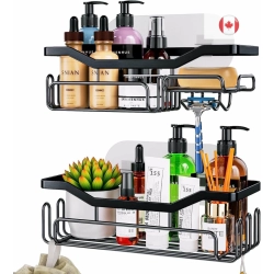 GENER Stainless Steel Shower Caddy \w 11 Hooks - Wall Mounted Bathroom Organizer for Razor And Shampoo - No Drilling Shower Shelf \w Adhesive Hooks