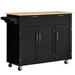 HOMCOM 48" Rolling Kitchen Island, Kitchen Cart On Wheels With 2 Storage Drawers, 3 Door Cabinets And Towel Rack for Dining Room (Black, 3-Doors)