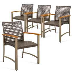 COSTWAY Set Of 4 Patio Dining Chairs Outdoor Wicker Armchairs With Acacia Wood Armrests