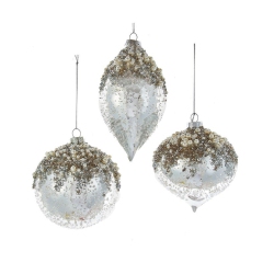 KURT ADLER 4" Glass Icy Ball, Onion And Drop Ornaments, 3 Assorted In Silver