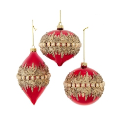 KURT ADLER 100MM Glass Shiny Glitter Jeweled Glass Ball, Finial And Onion Ornaments, 3 Assorted In Red