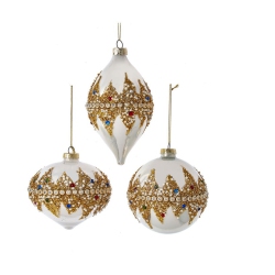 KURT ADLER 4" Glass Jeweled Ball, Onion And Drop Shape Ornaments, 3 Assorted