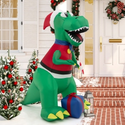 GYMAX 6 Ft Inflatable Christmas Dinosaur With Gift Blow Up Christmas Decoration W/ Led Lights
