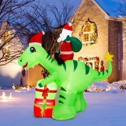 COSTWAY 8Ft Inflatable Christmas Santa Claus Dinosaur Led Lighted Decoration Gift Boxes