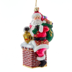 CHRISTMAS DECOR Bellissimo Glass Santa In Chimney Ornament