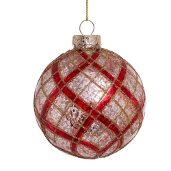 CHRISTMAS DECOR 80MM Silver With Gold And Plaid Glass Ball Ornaments, 6-Piece Box Set In Red