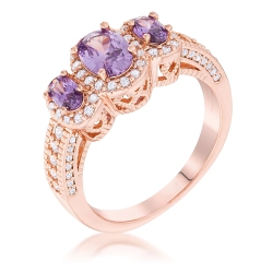 JGI Rose Plated 3-Stone Amethyst Oval Cut Cz Halo Ring In Gold