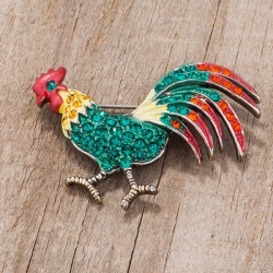 JGI Antiqued Rooster Brooch With Crystals In Multicolor