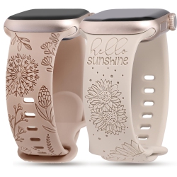 HLD 2 Packs Compatible \w Apple Watch Band 42MM 44MM 45MM 49MM Women Girls Silicone Dressy Sunflower Floral Engraved Strap Sport Bracelet for Iwatch